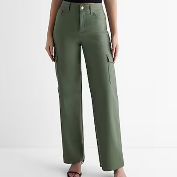 NWT Steve Madden Green Faux Leather Wide Leg Cargo Pant Utility L Vegan - Picture 1 of 9
